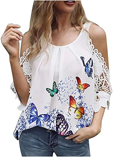 Женска Тениска с открити рамене, Блуза, с къс ръкав, през Цялата Силует, Принт Пеперуди, Лятна Мека Блуза, Големи