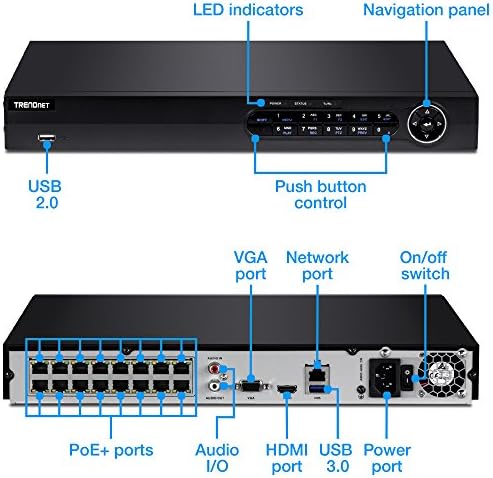 16-Канален мрежови видеорекордер TRENDnet HD PoE, 2 отделения SATA II с капацитет до 12 TB, щепсела и да играе,