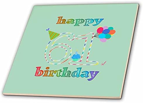 3dRose с 61 м честит рожден ден, торта със свещ, балони, шапка, разноцветни плочки (ct_351663_1)