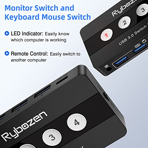 Преминете Rybozen USB 3.0, 4-Портов Превключвател USB периферни устройства KM Switch, 4 Компютъра, Съвместно