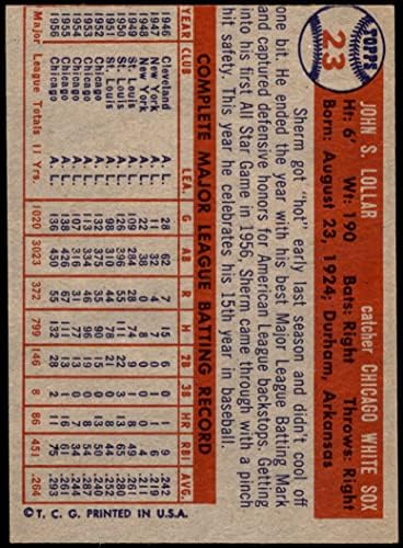 1957 Топпс 23 Шерм Лоллар Чикаго Уайт Сокс (Бейзболна картичка) EX/Mount Уайт Сокс