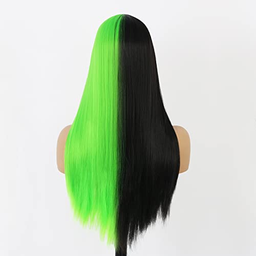 АНДРИЯ, наполовина черен, наполовина зелени, дълга права перука с бретон, неоново зелени перуки с подсветка,