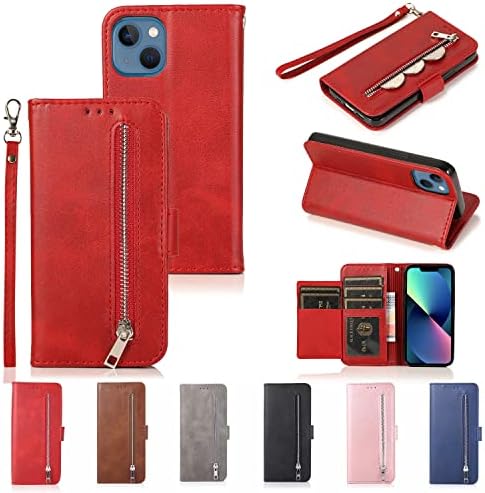 Чанта-портфейл EYZUTAK, Съвместим с iPhone 14 Плюс 5 Слота за карти, преден Джоб с цип, магнитна закопчалка,
