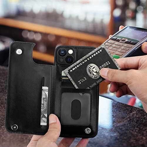 Cardpakee ??? ???????? Чанта-портфейл за iPhone 14 Plus, калъф с държач за карти, защита камера с малки дупки, защита от падане, една чанта-портфейл за телефон от естествена кожа за м?