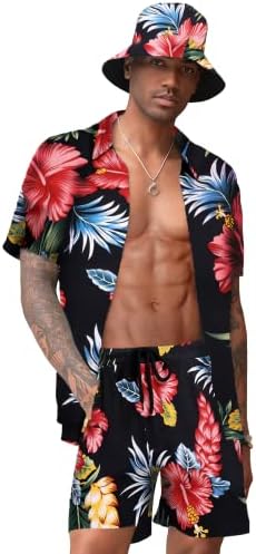 Мъжки хавайска риза COOFANDY и Кратък Комплект Плажни дрехи в цветенце от 2 теми с широкополыми Шапки